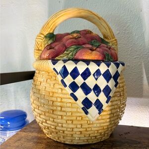 Ceramic Basket Cookie Jar with Fruit Lid and Blue Diamond Accent
